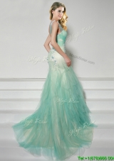 Latest Straps Applique Apple Green Prom Dress with Brush Train