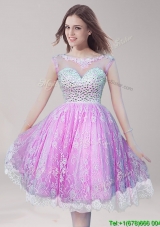 See Through Scoop Beaded and Laced Prom Dress in Knee Length