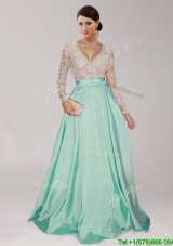 Sweet Deep V Neckline Beaded and Belted Prom Dress in Apple Green