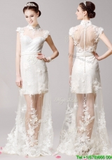 Elegant High Neck Cap Sleeves White Prom Dress with Lace and Appliques
