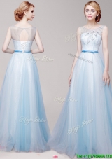 See Through Scoop Light Blue Prom Dress with Appliques and Bowknot