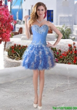 Latest Applique and Ruffled Short Prom Dress in Blue and White