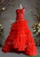 Fashionable One Shoulder A Line Red Quinceanera Dress with Beading and Ruffled Layers