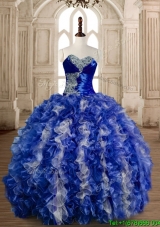Gorgeous Beaded Bust and Ruffled Quinceanera Dress in Blue and White