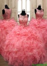 Perfect Scoop Beaded and Ruffled Quinceanera Dress in Watermelon Red