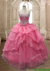 Unique Watermelon Red Organza Quinceanera Dress with Beading and Ruffled Layers