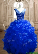 Modest Beaded and Ruffled Deep V Neckline Quinceanera Dress in Royal Blue