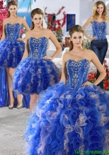 Unique Royal Blue and Champagne Organza Detachable Quinceanera Dresses with Appliques and Ruffles