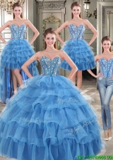 Modest Beaded and Ruffled Layers Detachable Quinceanera Dresses in Blue