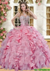 Romantic Beaded and Ruffled Quinceanera Dress in Pink for Spring