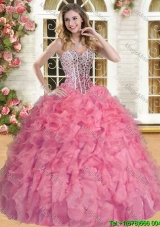 Wonderful Beaded and Ruffled Coral Red Quinceanera Gown in Organza