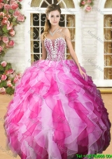 Lovely Beaded and Ruffled Sweet 16 Dress in Hot Pink and White