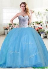Modest Beaded Tulle Sweet 16 Dress in Baby Blue