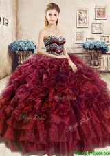 Affordable Beaded and Ruffled Wine Red Sweet 16 Dress in Organza