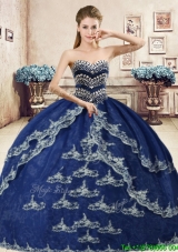 Classical Navy Blue Organza Sweet 16 Dress with Beading and Appliques