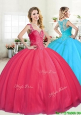 Lovely Straps Big Puffy Beading Quinceanera Dress in Coral Red