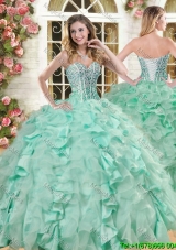 Lovely Big Puffy Apple Green Quinceanera Gown with Beading and Ruffles
