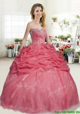Latest Organza Coral Red Quinceanera Dress with Beading and Pick Ups
