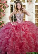 Beautiful Coral Red Big Puffy Quinceanera Dress with Ruffles and Beading
