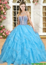 Perfect Beaded and Ruffled Aqua Blue Sweet 16 Dress in Organza