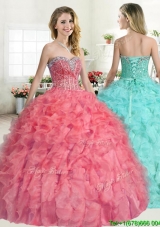 Perfect Beaded and Ruffled Quinceanera Dress in Coral Red