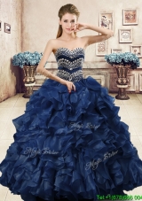 Unique Beaded and Ruffled Organza Quinceanera Dress in Navy Blue