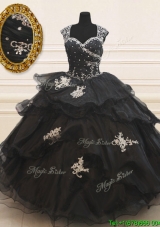 2017 Lovely See Through Back Wide Straps Beaded Applique Black Quinceanera Dress