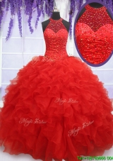 High End See Through Halter Top Red Sweet 16 Dress with Beading and Ruffles