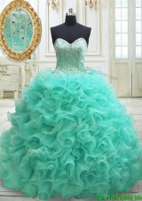 Most Popular Visible Boning Brush Train Quinceanera Dress in Apple Green