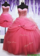 Fashionable Beaded and Bowknot Detachable Quinceanera Dress in Watermelon Red
