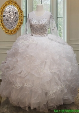 Pretty See Through Scoop Long Sleeves Quinceanera Dress with Brush Train