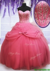 Perfect Tulle Watermelon Red Quinceanera Dress with Beading and Bowknot