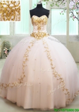 Luxurious Tulle White Quinceanera Dress with Gold Beading and Appliques
