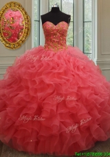Best Really Puffy Beaded and Ruffled Organza Quinceanera Gown in Coral Red