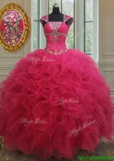 New Style Square Tulle Coral Red Quinceanera Dress with Cap Sleeves