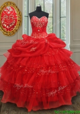 Gorgeous Beaded and Sequined Quinceanera Gown with Ruffled Layers and Pick Ups