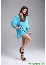 Aqua Blue Long Sleeves Pullover Fashion Dress with Embroidery