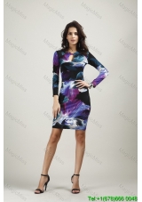 Print Round Neck Above Knee Multi-color Long Sleeves Fashion Dress with Zipper Up