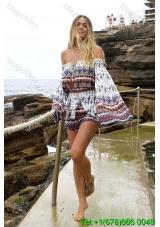 Print Boat Neck Above Knee Long Sleeves Multi-color Beach Fashion Dress