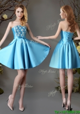 Hot Sale Strapless Appliques and Bowknot Short Dama Dress in Baby Blue