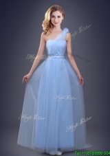Cute One Shoulder Beaded Prom Dress with Hand Made Flower