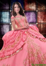 Wild West Luxurious Off The Shoulder Watermelon Red Quinceanera Dress with Beading and Ruffled Layers