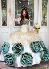 Perfect Beaded and Ruffled Sweetheart Quinceanera Dress with Hand Made Flowers