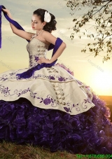 Classical White and Purple Organza and Taffeta Embroideried Sweet 16 Dress with Brush Train