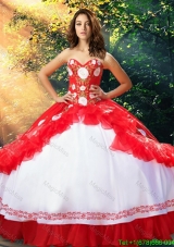 Beautiful Embroideried White and Red Quinceanera Dress in Organza and Taffeta