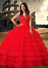Most Popular Beaded and Ruffled Layers Tulle Red Quinceanera Dress with Chapel Train