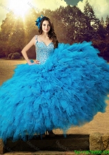 Wild-west Cheap Straps Baby Blue Tulle Quinceanera Dress with Beaded Bodice and Ruffles