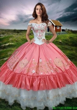 Gorgeous Off the Shoulder Watermelon Red and White Quinceanera Dress with Embroidery
