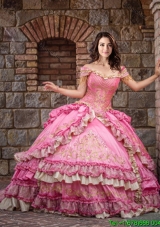 Exclusive Beaded and Ruffled Layers Off The Shoulder Taffeta Rose Pink Quinceanera Dress