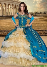 Western Style Pretty Embroideried and Ruffled Layers Quinceanera Dress in Champagne and Teal